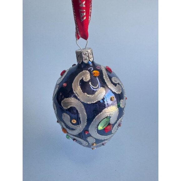 Waterford Sapphire Scroll Egg Jeweled Blown Glass Ornament Rare 1997 Handmade Co - Picture 1 of 7